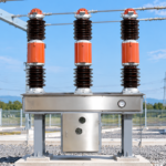 Outdoor 40.5kV SF6 circuit breaker installed in an air-insulated substation, three-phase porcelain-pillar design.