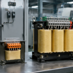 Single-phase control transformer beside a larger three-phase control transformer on an industrial cabinet workbench
