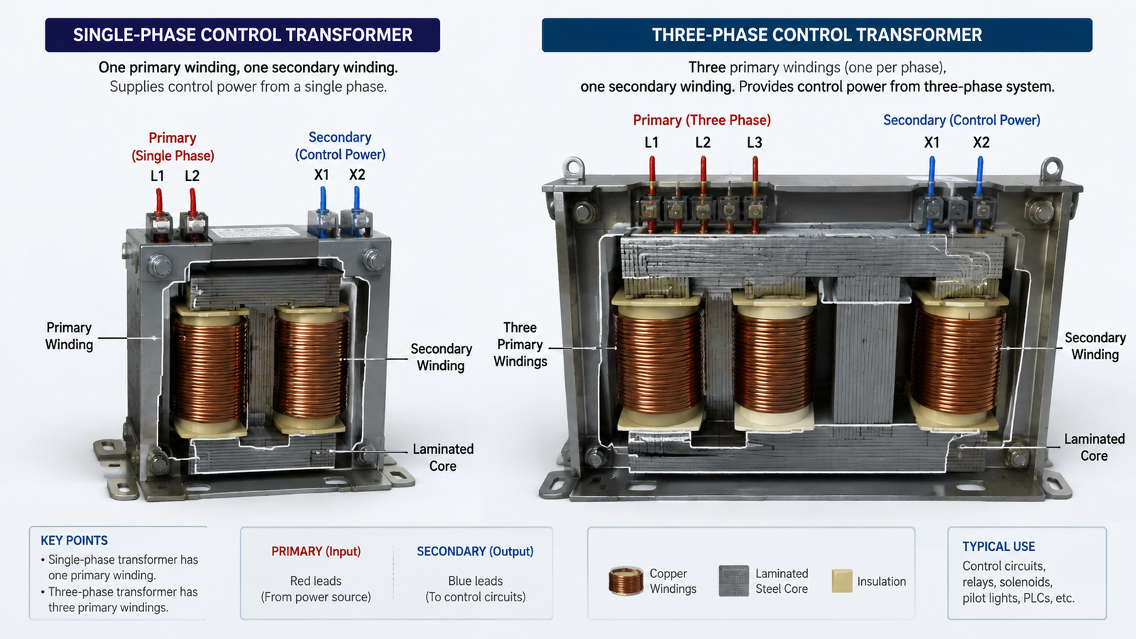 Cutaway comparison showing a compact single-phase control transformer with one primary and one secondary winding beside a larger three-phase control transformer with three primary windings
