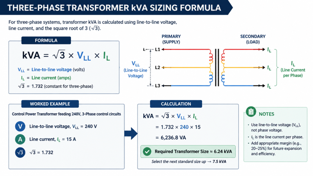 Three-phase transformer kVA sizing formula diagram showing line-to-line voltage multiplied by line current and root three with a worked example for a control power transformer