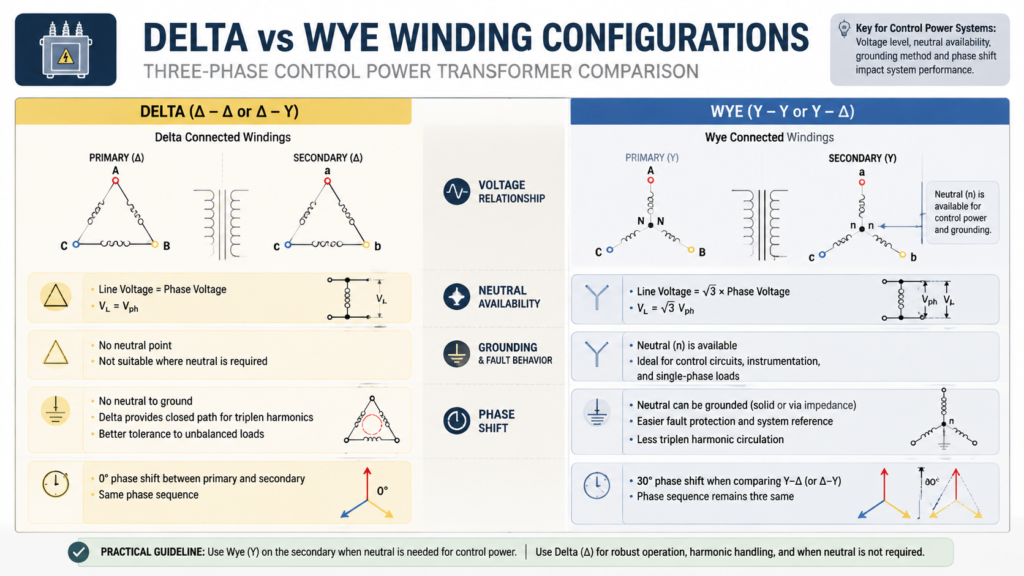 Delta and wye winding configuration comparison for a three-phase control power transformer showing voltage relationships, neutral availability and grounding differences