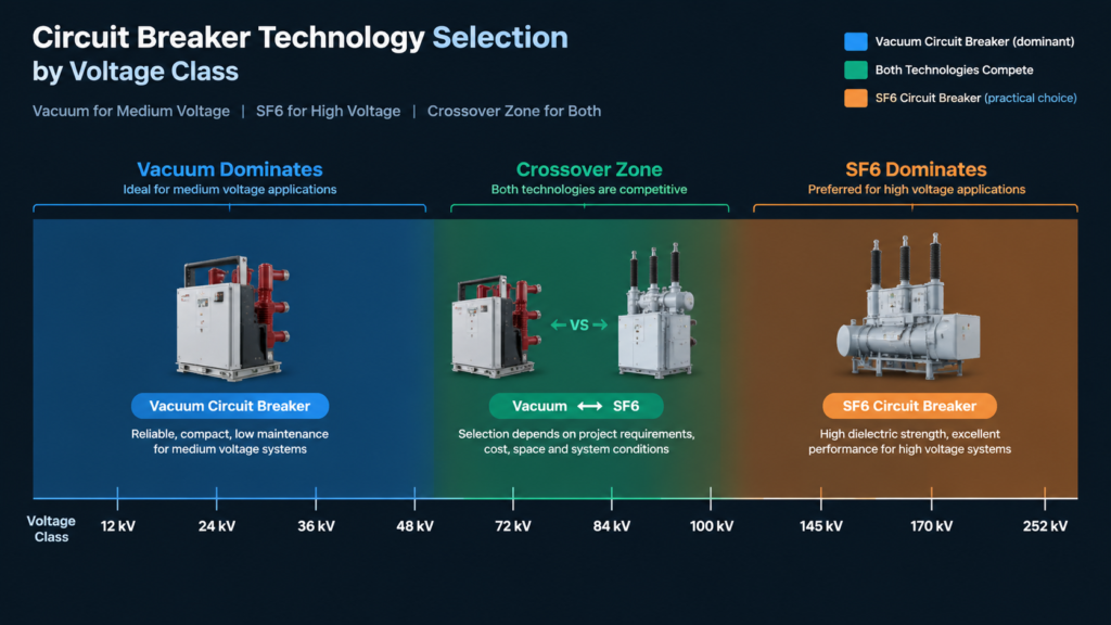 Circuit breaker technology selection chart by voltage class showing vacuum dominance at medium voltage, a crossover zone, and SF6 dominance at high voltage