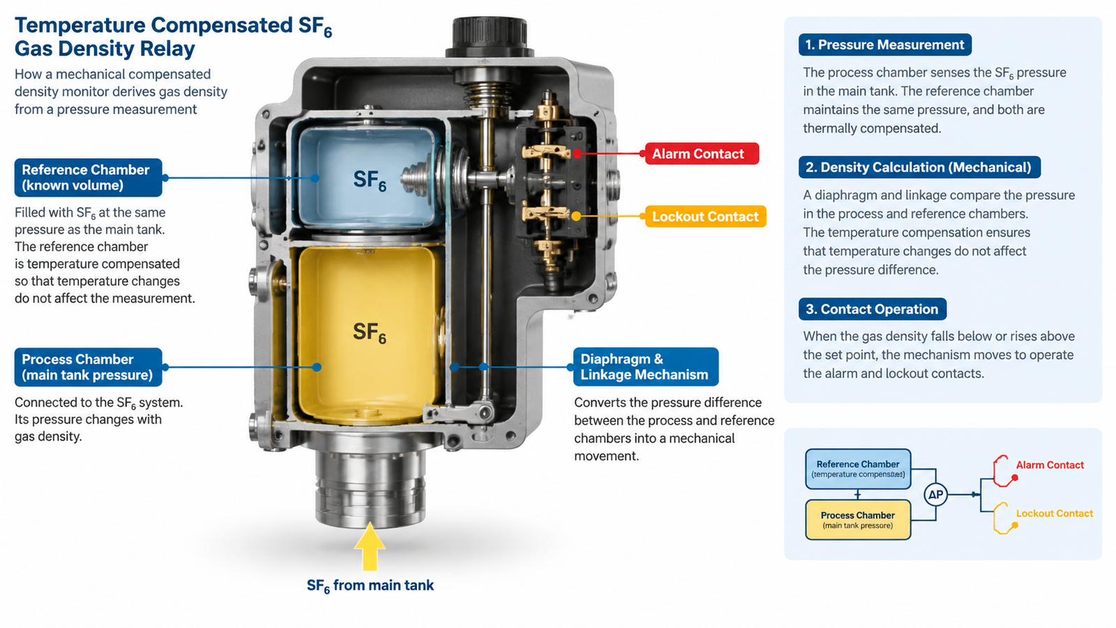 Wiring diagram of SF6 density relay alarm and lockout contacts connected to SCADA and breaker blocking circuit
