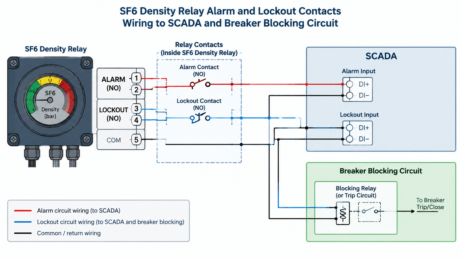 Cross-section diagram of a temperature compensated SF6 gas density relay showing reference chamber and alarm and lockout contacts