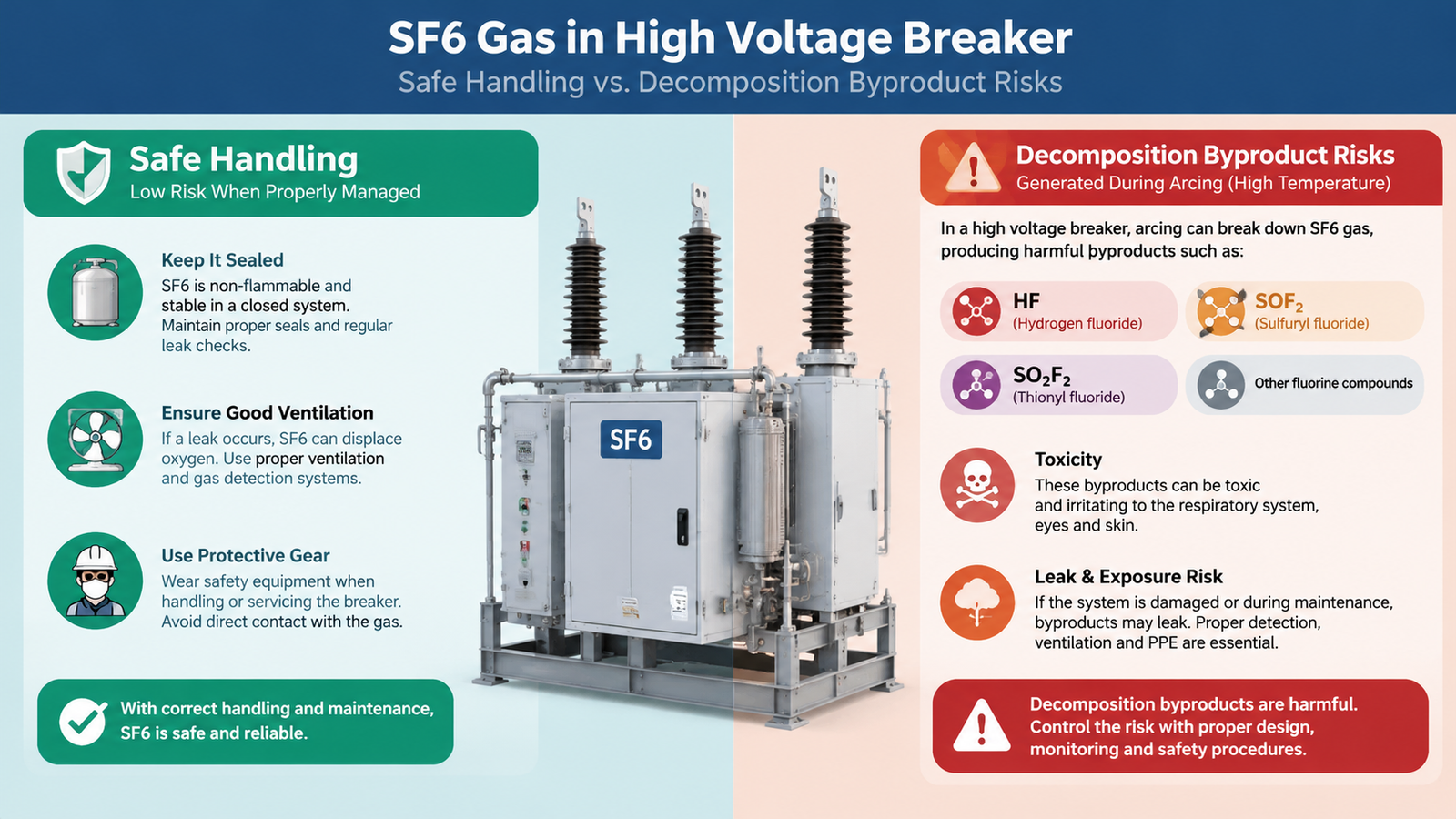 Diagram comparing safe handling of SF6 gas with decomposition byproduct risks in a high voltage breaker