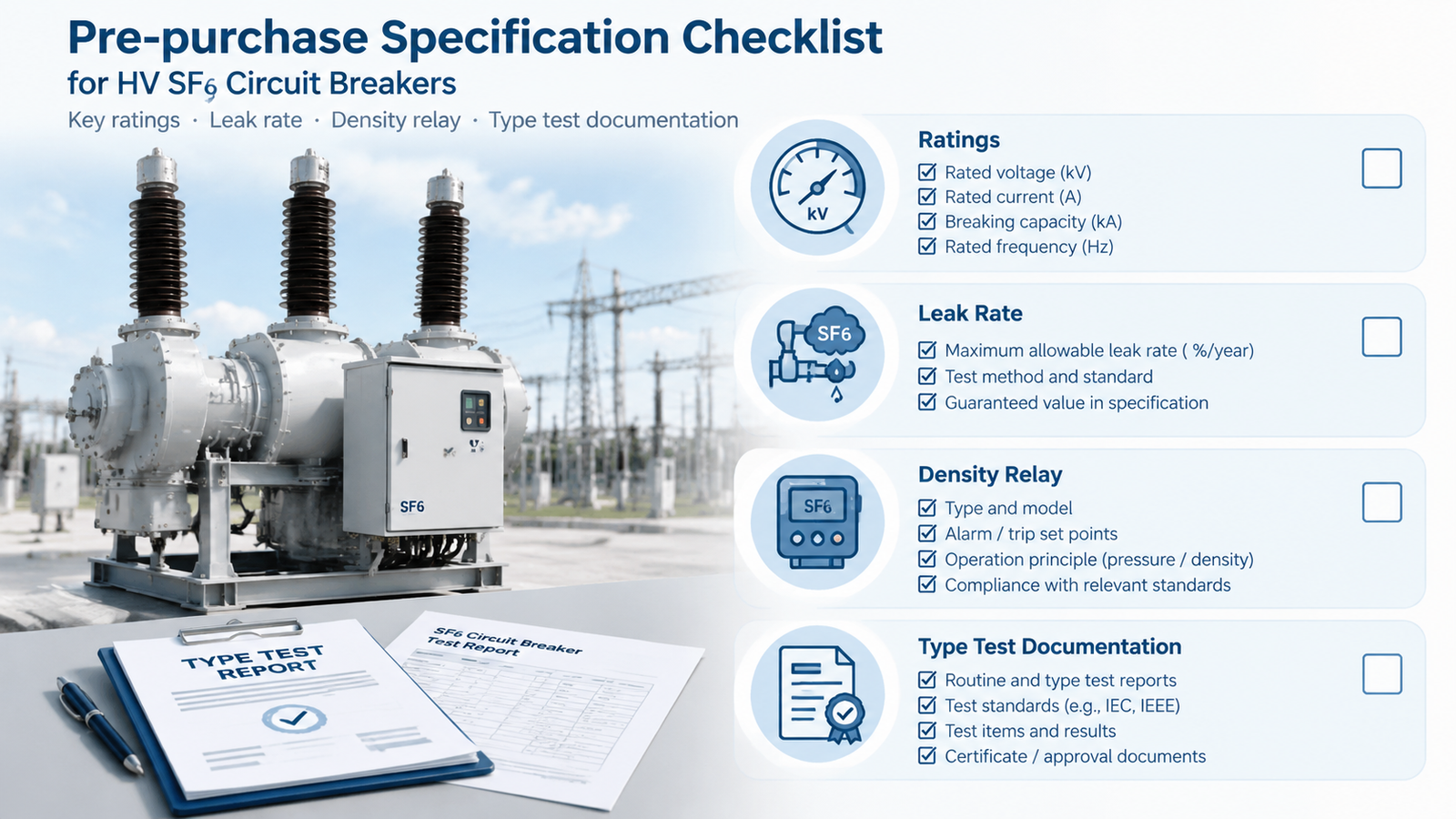 Buyer checklist illustration for SF6 circuit breaker ratings leak rate density relay and type test documentation