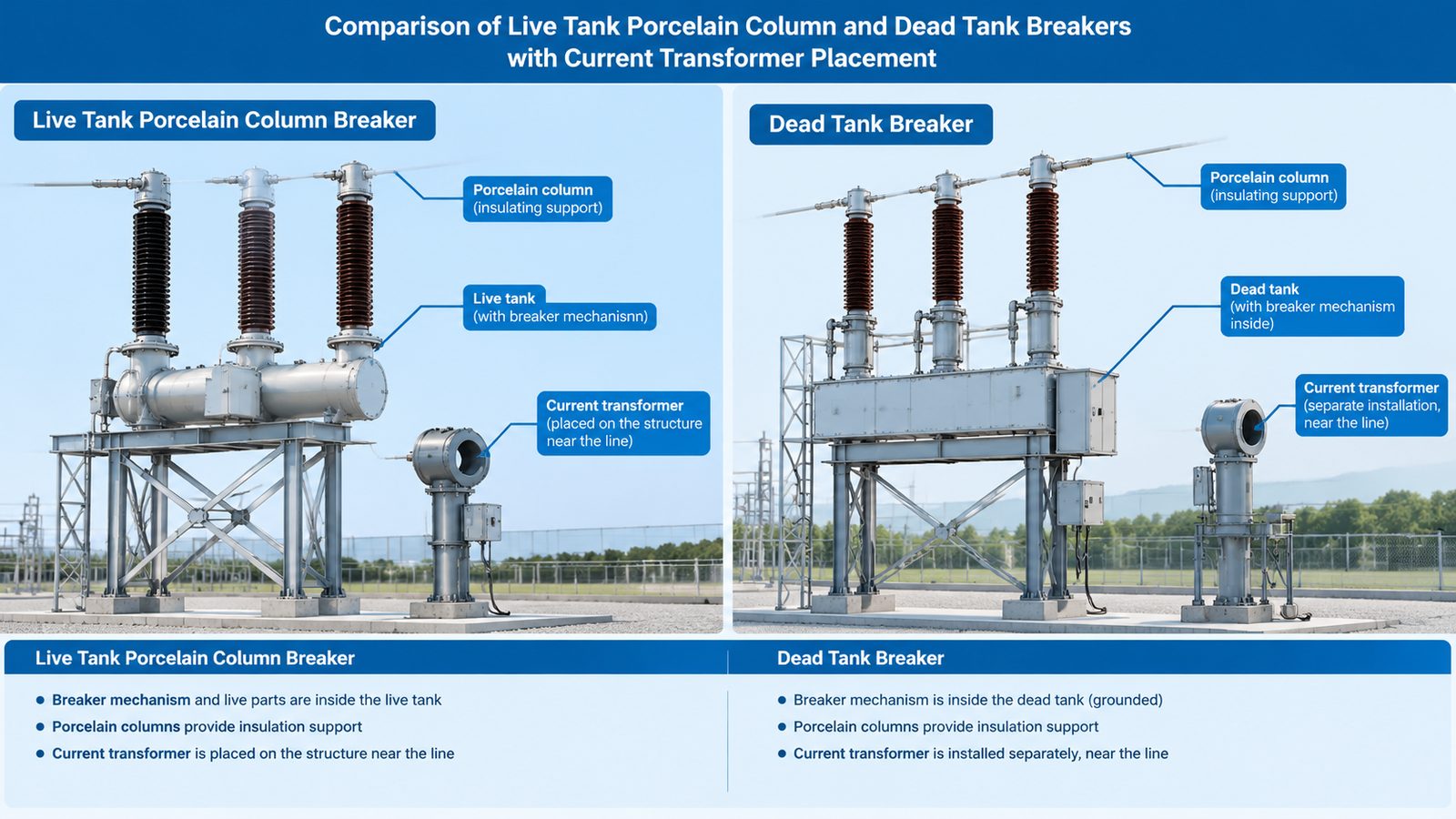 Comparison diagram of live tank porcelain column and dead tank breaker construction with current transformer placement