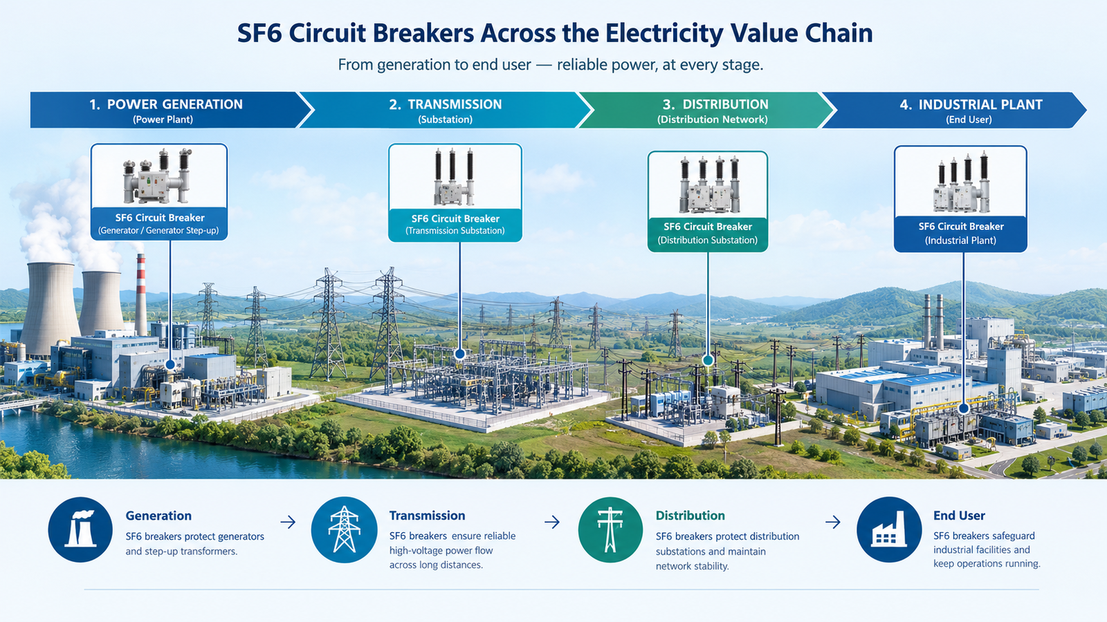 Clean industrial grid diagram showing power generation, transmission substation, distribution network and industrial plant with SF6 circuit breaker symbols at each stage of the electricity value chain