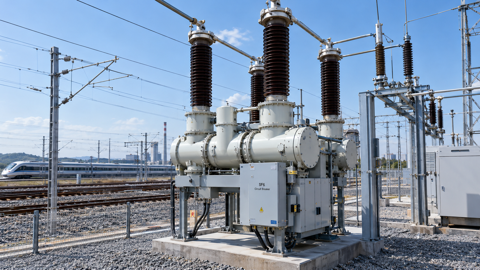 Realistic photo style illustration of an outdoor high voltage SF6 circuit breaker installed at a railway traction substation beside tracks and overhead catenary, industrial daylight scene