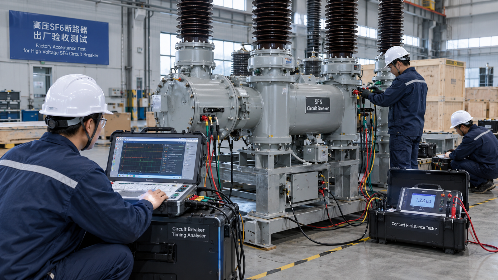 Realistic industrial photo of engineers performing a factory acceptance test on a high voltage SF6 circuit breaker, with circuit breaker timing analyser and contact resistance test instruments on a workshop floor
