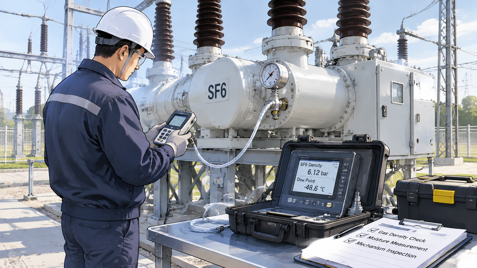 Technician performing SF6 gas density and dew point check on an outdoor high voltage circuit breaker