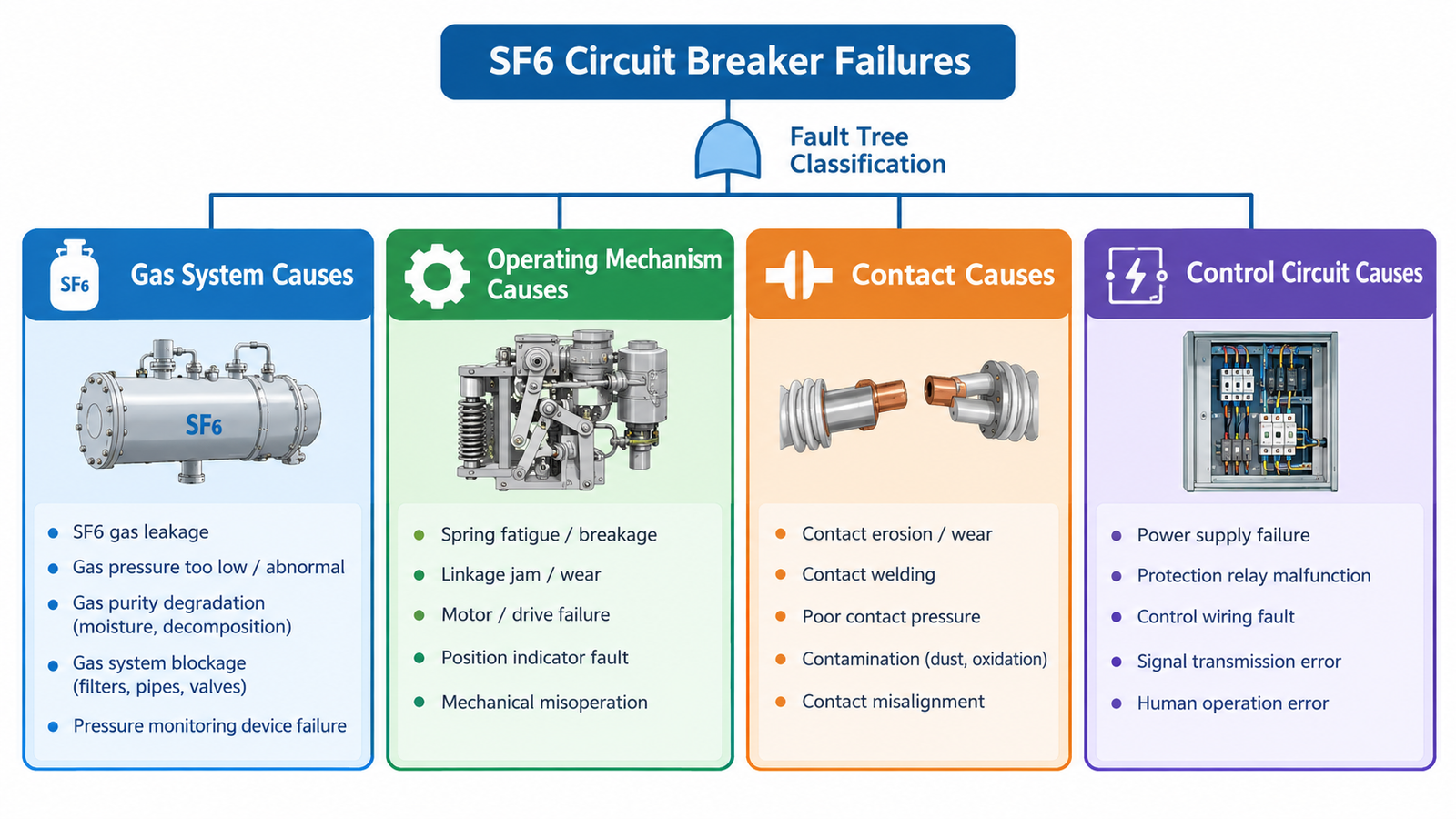 Fault tree diagram classifying SF6 circuit breaker failures into gas system, operating mechanism, contact and control circuit causes