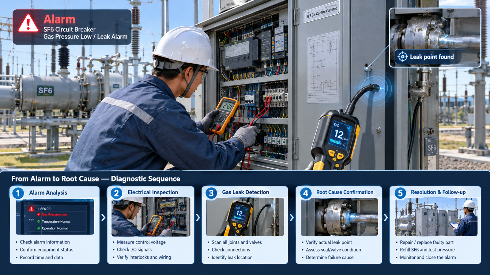 Engineer troubleshooting an SF6 circuit breaker control cabinet with a multimeter and gas leak detector