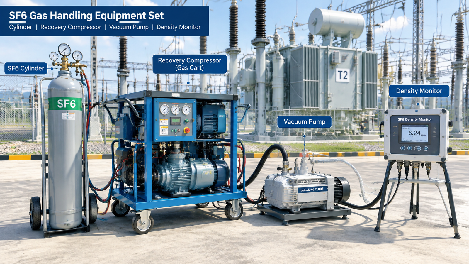 SF6 gas handling equipment set including cylinder, gas cart with recovery compressor, vacuum pump and density monitor