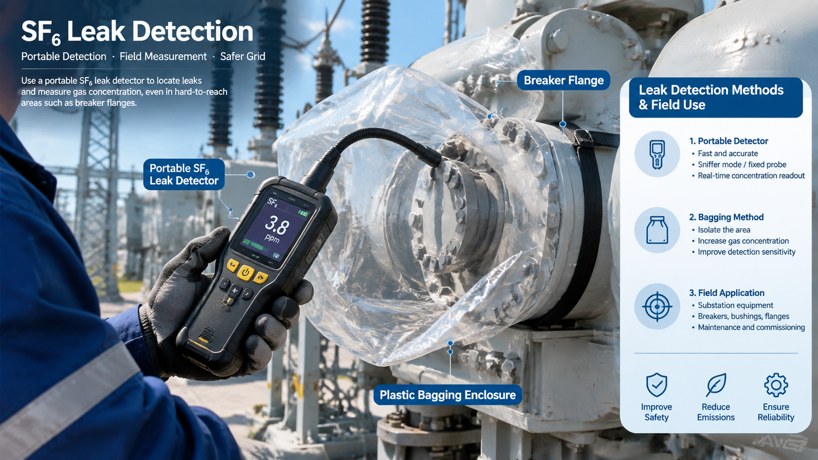 Portable SF6 leak detector held near a breaker flange with a plastic bagging enclosure for concentration measurement