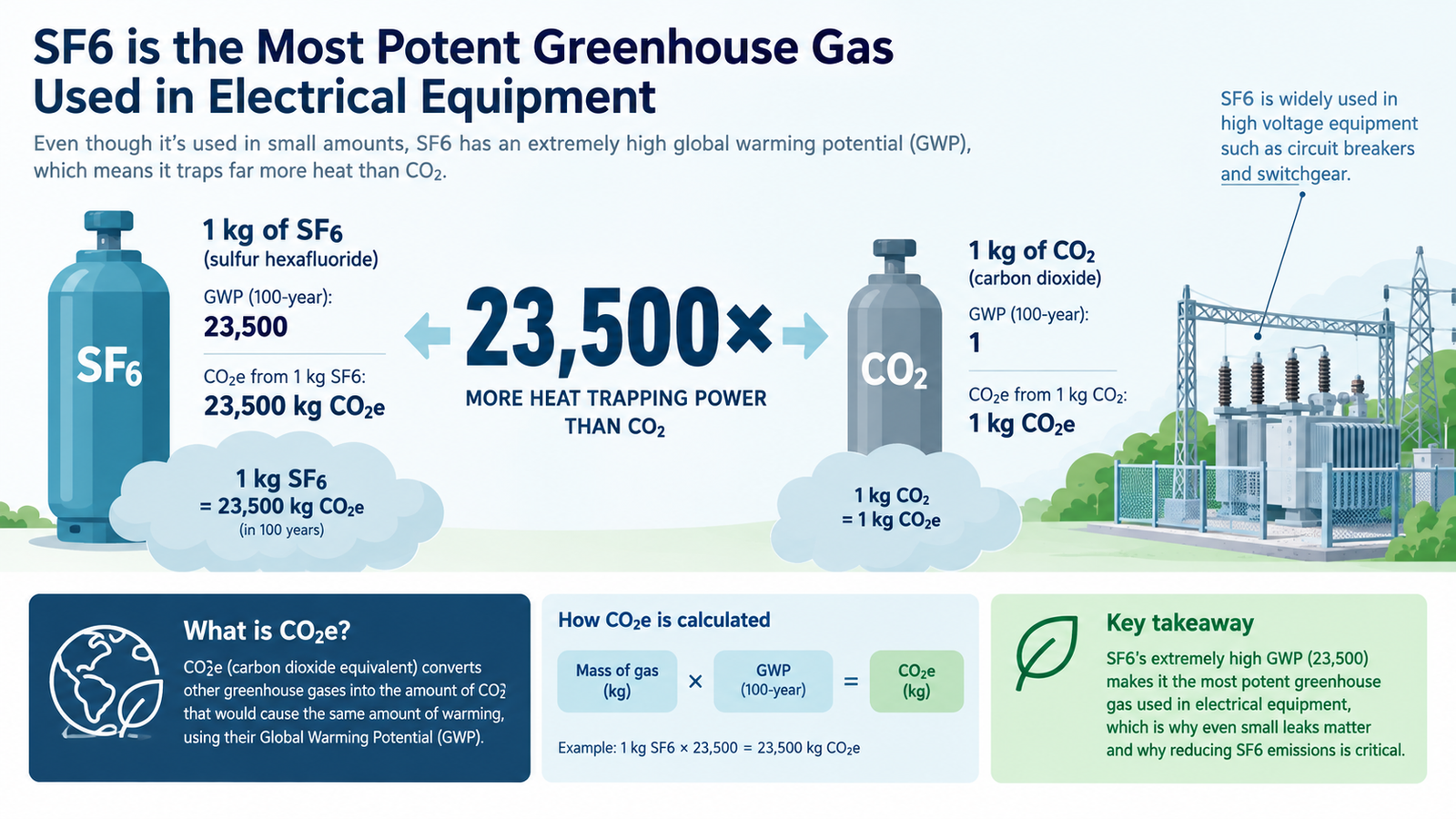 Infographic comparing one kilogram of SF6 with the equivalent mass of carbon dioxide