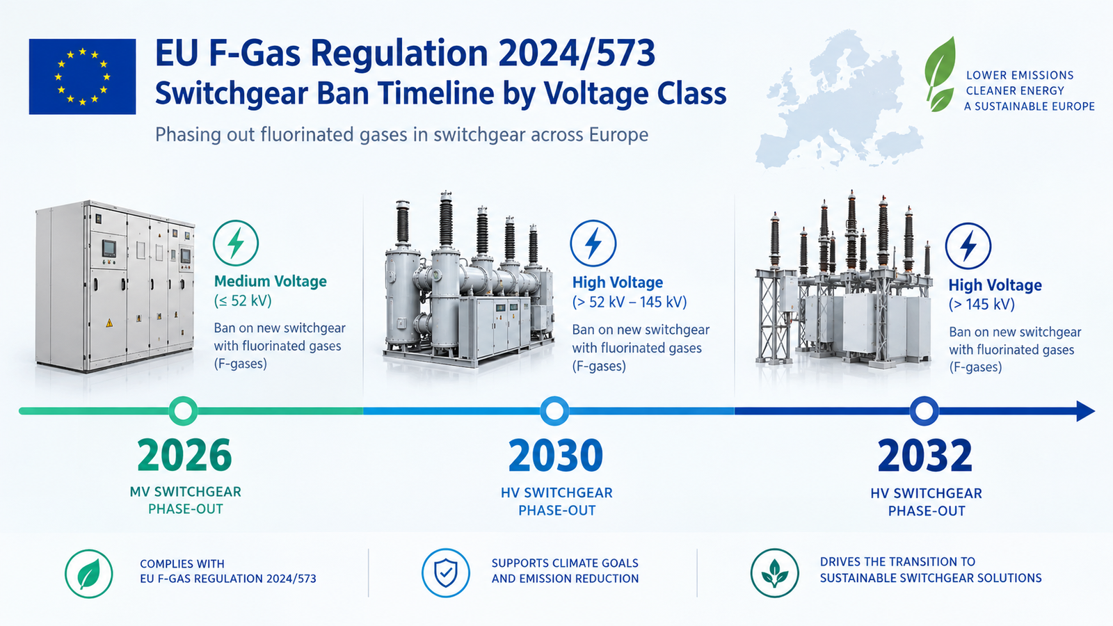 Timeline diagram of F-Gas phase-out milestones for fluorinated gas switchgear in 2026, 2030 and 2032