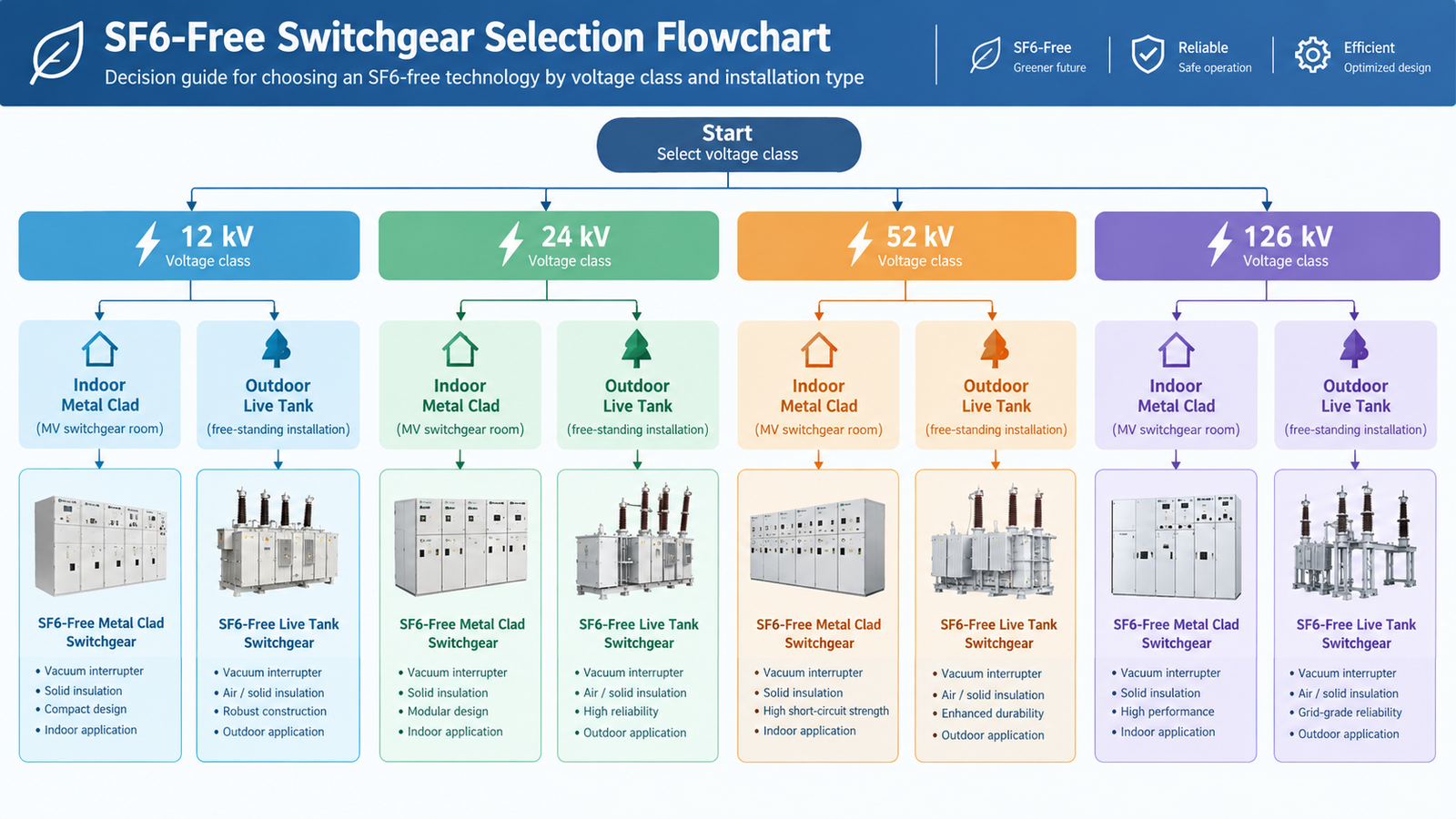 Professional decision flowchart for selecting SF6-free switchgear by voltage class 12 kV 24 kV 52 kV and 126 kV, with branches for indoor metal clad and outdoor live tank installations