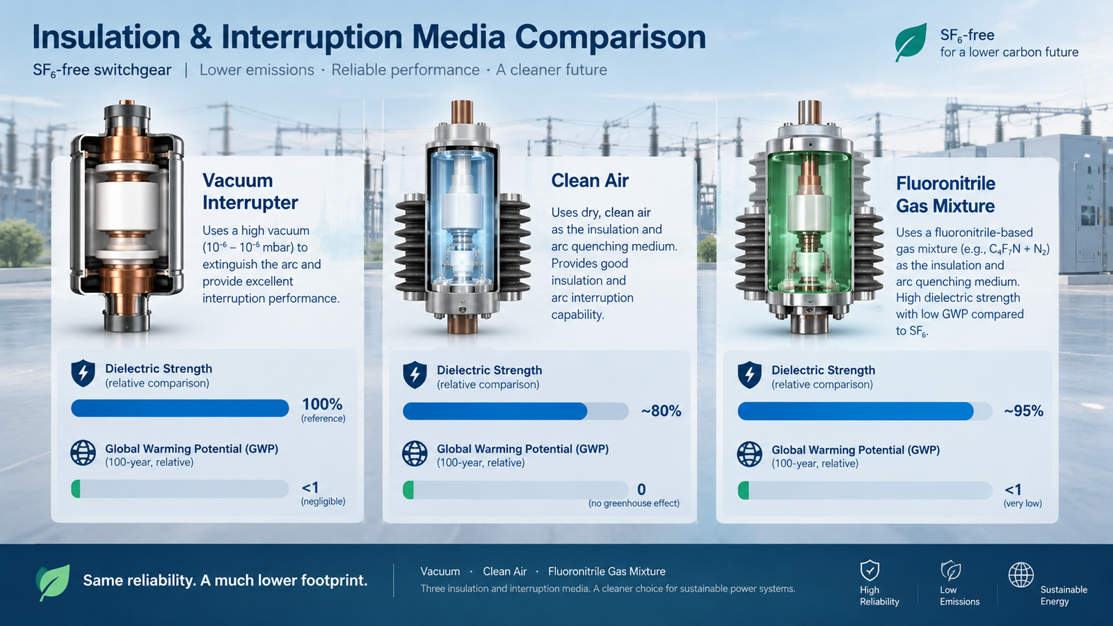 Technical comparison diagram of three switchgear insulation media vacuum interrupter, clean air and fluoronitrile gas mixture, showing dielectric strength bars and global warming potential values on a clean industrial background