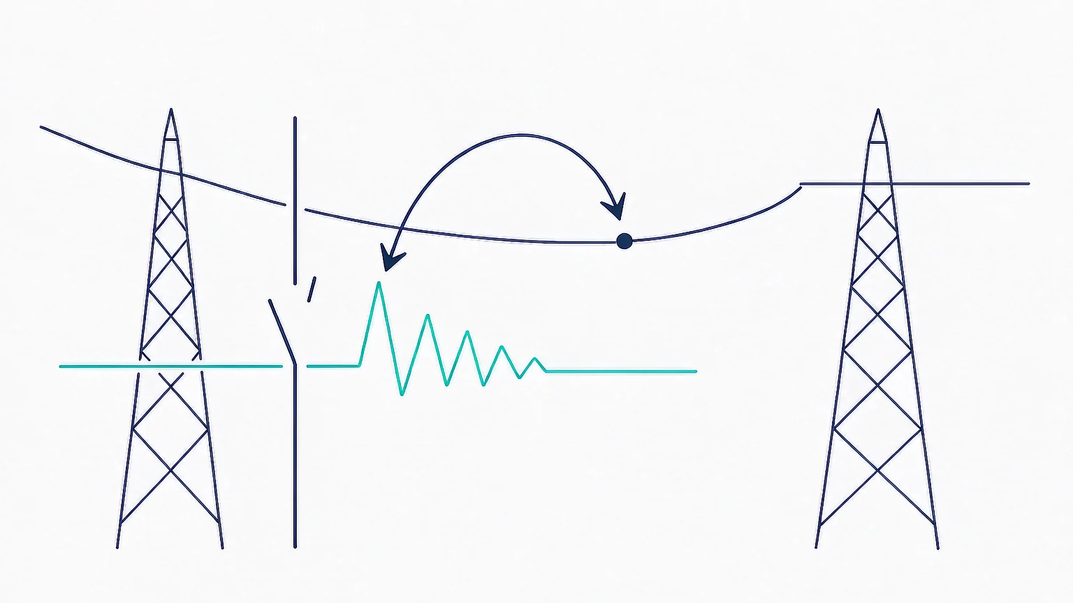 Diagram of a short line fault showing travelling wave reflection and sawtooth transient recovery voltage across the breaker