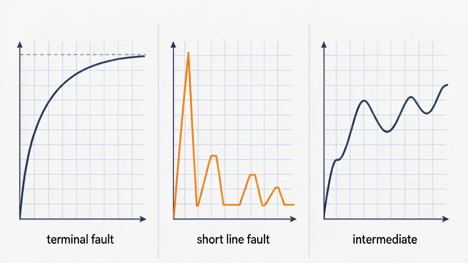 Chart comparing rate of rise of recovery voltage for terminal fault short line fault and long line fault cases