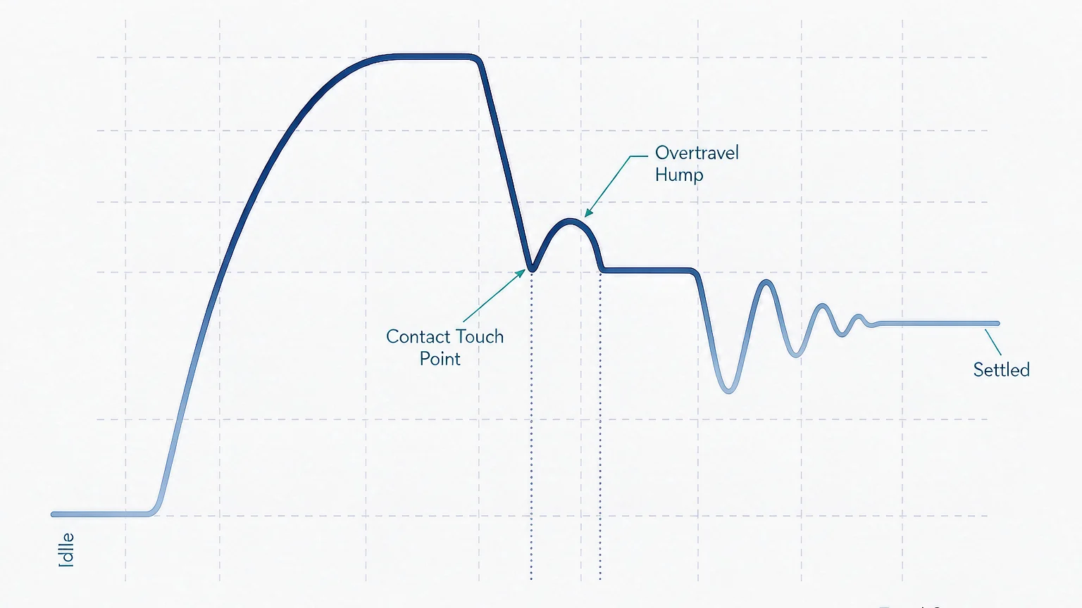 Annotated circuit breaker travel curve showing contact touch bounce overtravel and damping sections for a closing operation